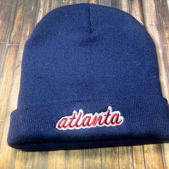 5for$10 Navy Atlanta 3D Embroidery Cuffed Knit Hat Beanie Toque Skull Cap NWT - Picture 4 of 4